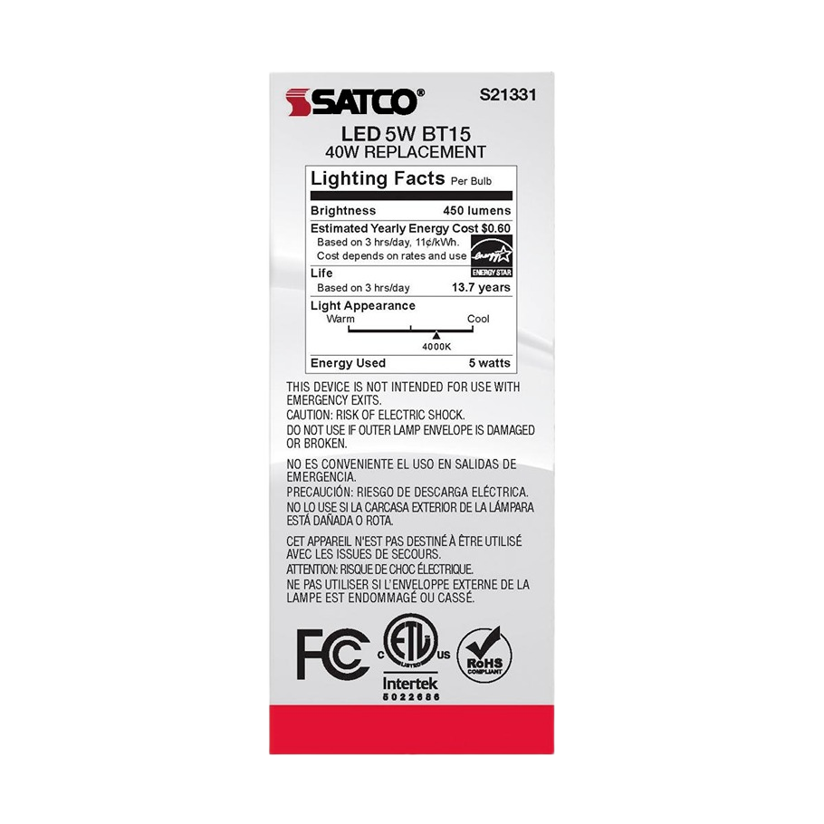 White and red Satco LED bulb packaging with energy and safety information on electrical light bulbs collections