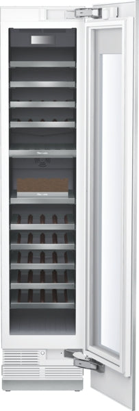 Built-in 18-inch panel ready wine cooler with multiple black shelves and door storage in kitchen appliances collection