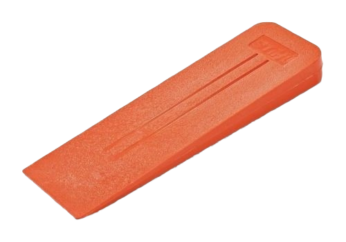 Orange plastic wedge tool for home improvement and woodworking applications with textured grip surface