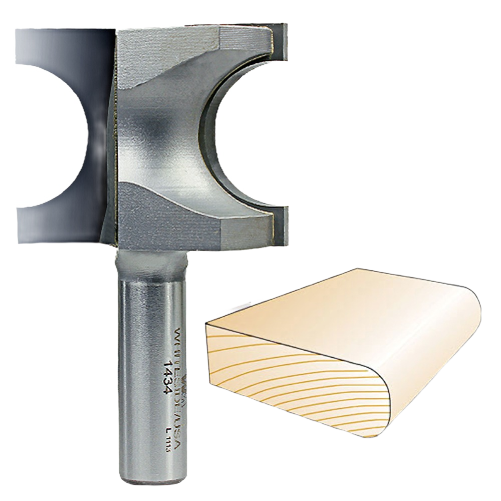 Steel bull nose router bit with rounded profile next to wood sample, for woodworking and tool accessories under $100 collection