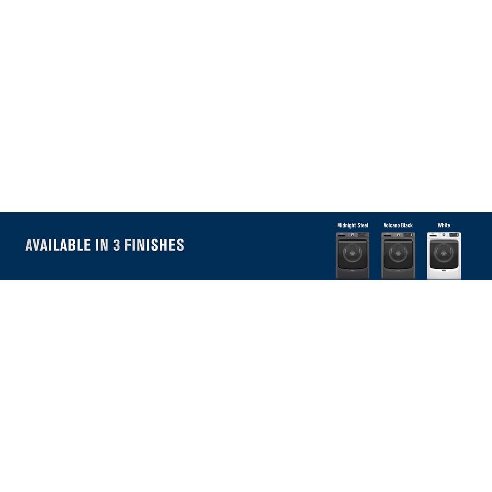 Three front load washers in midnight steel, volcano black, and white finishes shown side by side with text.