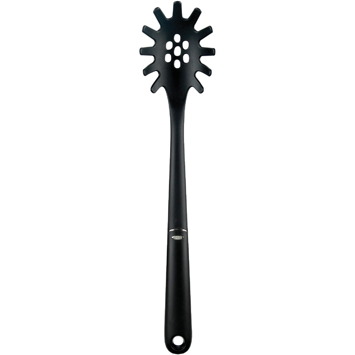 Black nylon pasta server with ergonomic handle for lifting and serving spaghetti in kitchen utensil collections under $50