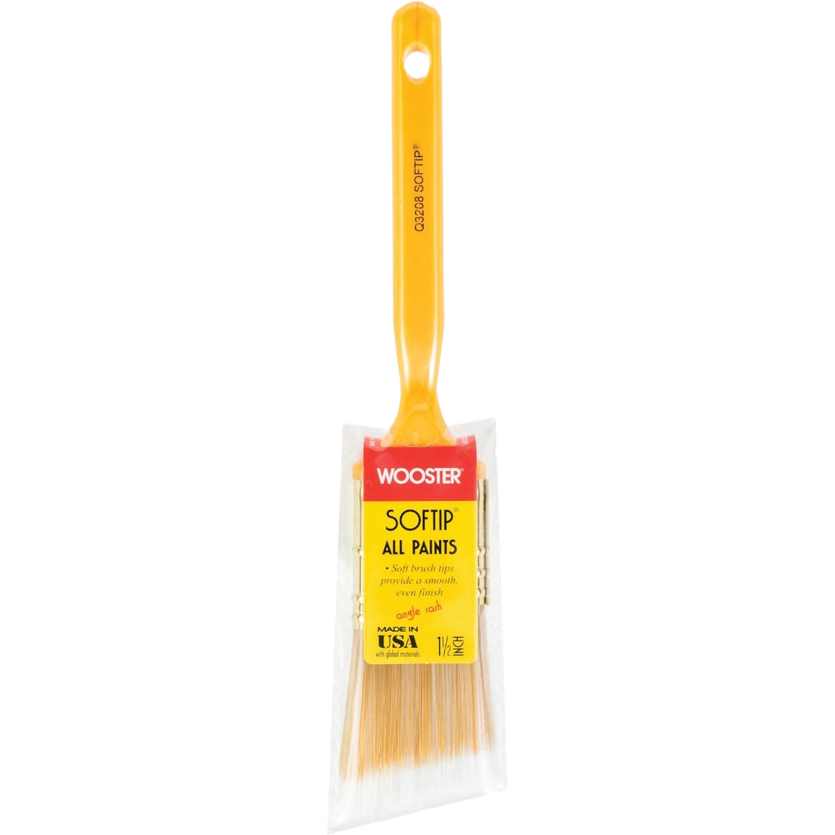 Yellow-handled synthetic angle sash brush with chisel-cut bristles for smooth paint application in home improvement tools collections