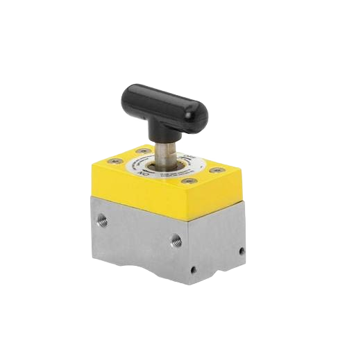 Industrial magnetic clamping device with a yellow body and black handle for tools and home improvement projects