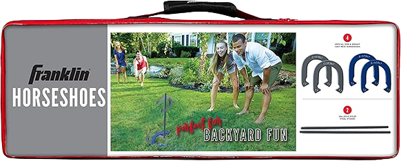 Carrying case for Franklin Sports Family Horseshoe Set with image of family playing outdoor game in yard