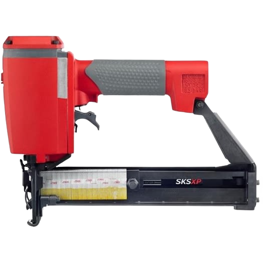 Red and gray handheld pneumatic stapler designed for precise fastening in tools and home improvement projects