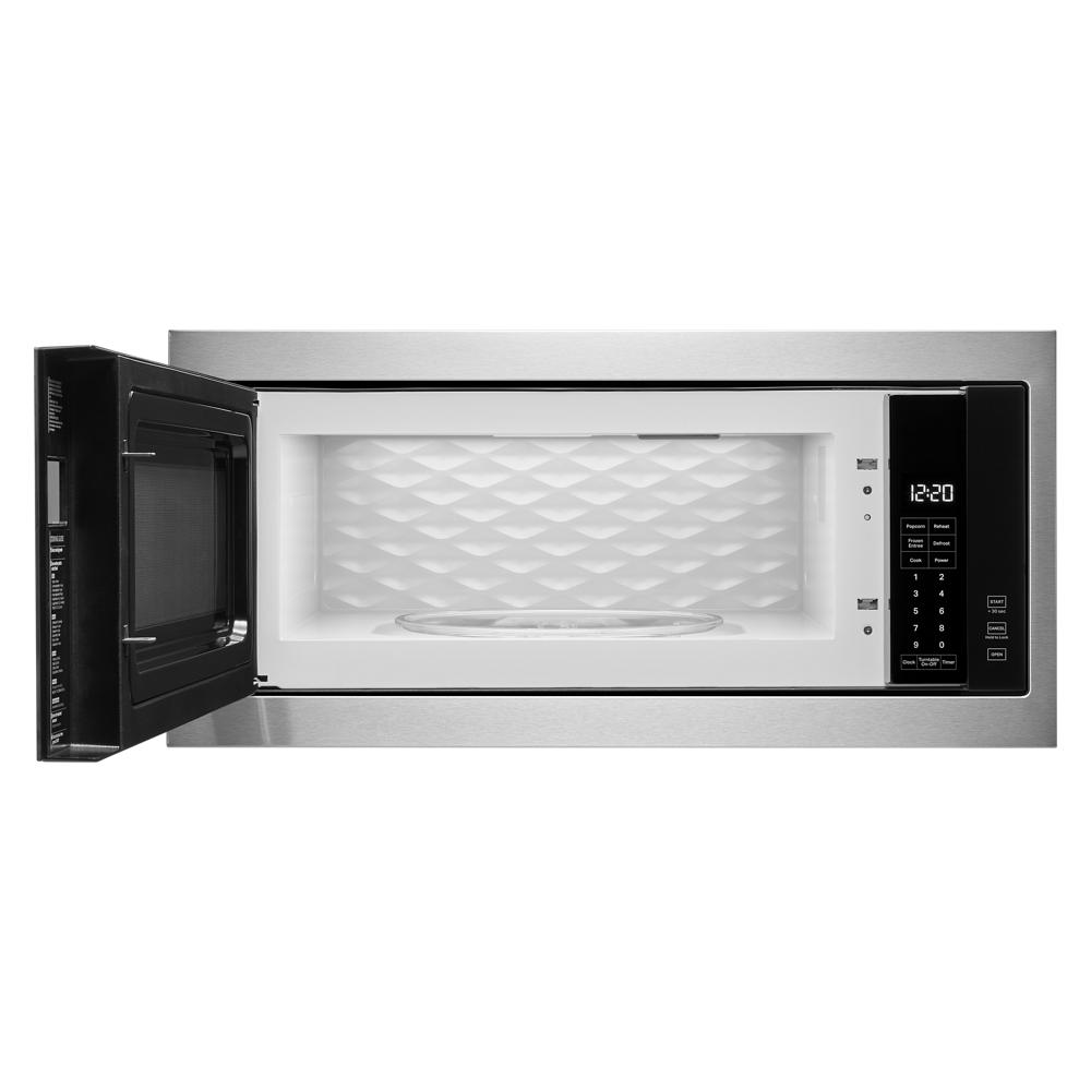 Stainless steel built-in microwave with slim trim kit and open door showing interior from Appliances collection