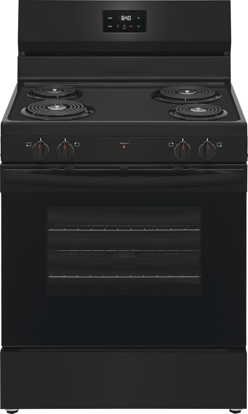 black freestanding electric range with coil cooktop and digital control panel for kitchen and home improvement