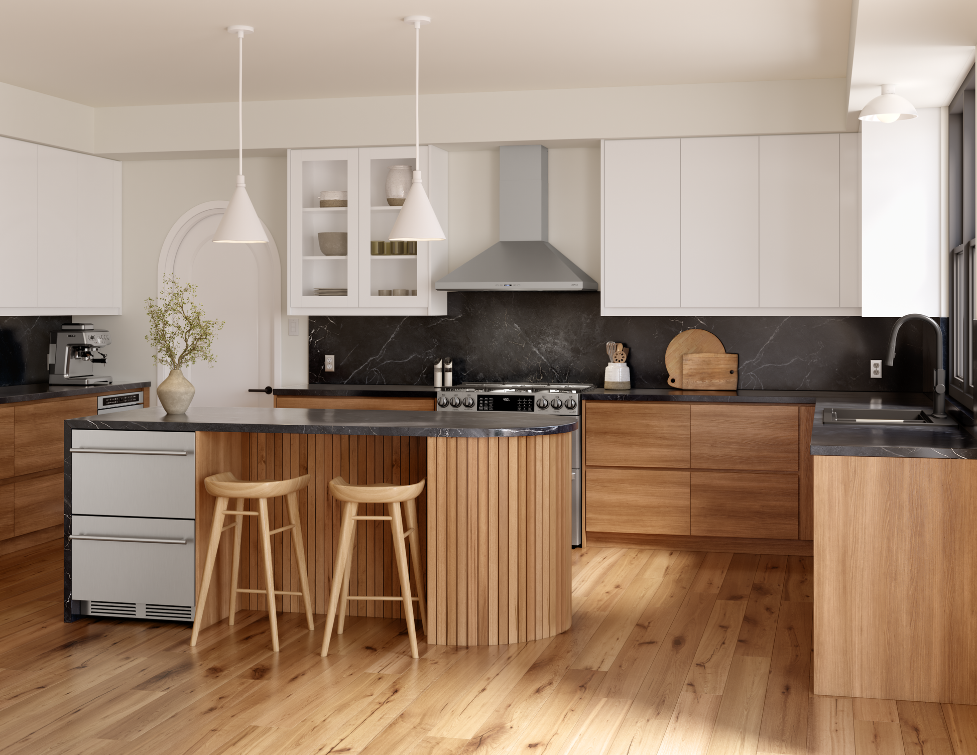 Stainless steel wall-mounted range hood with LED lighting above gas stove in modern kitchen with wood cabinets and black countertops