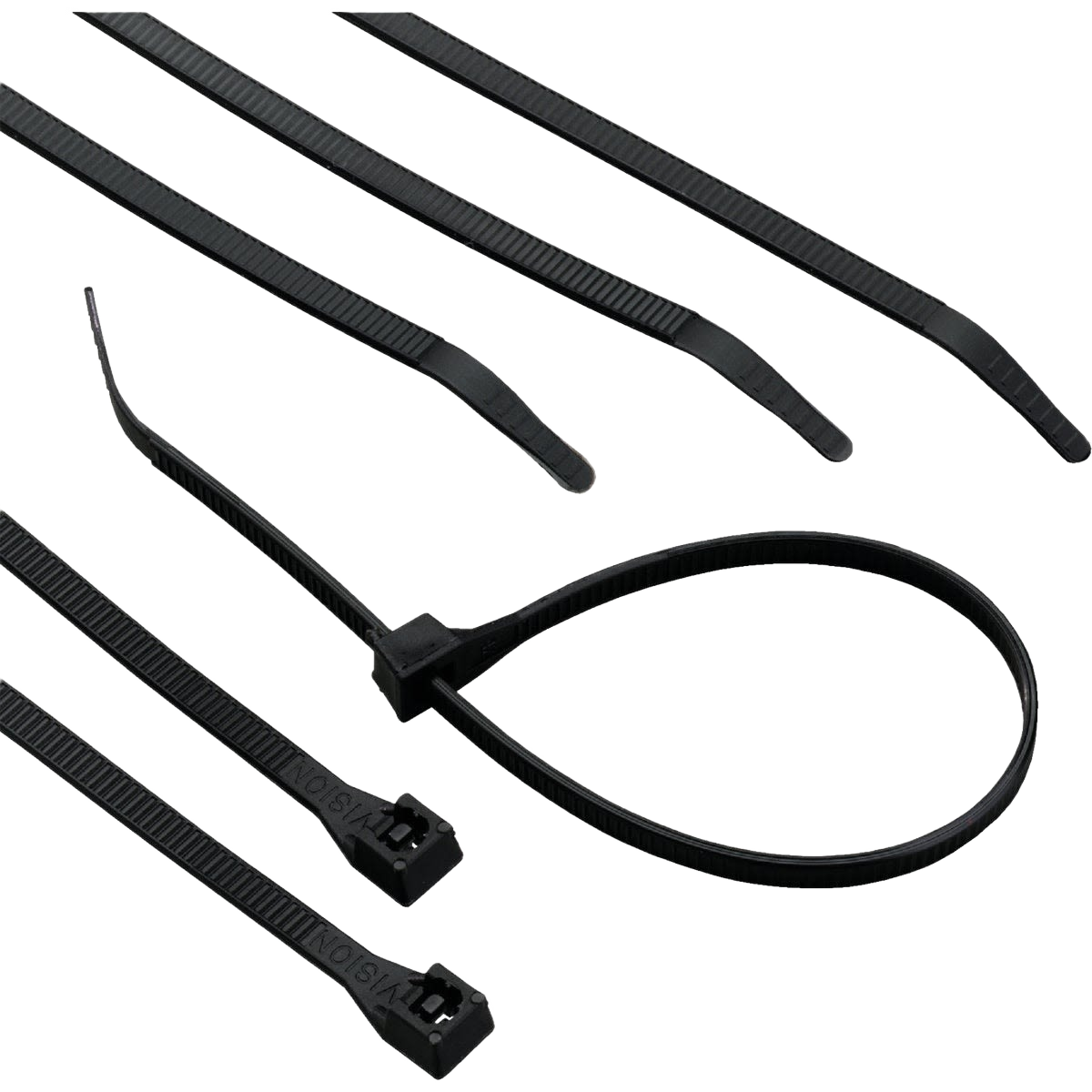 Set of black ultraviolet cable ties with locking mechanisms for organizing cables in electrical and home improvement projects