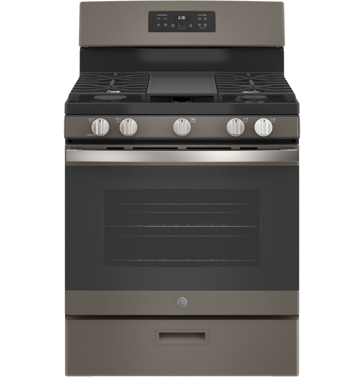 Matte dark stainless steel free-standing gas range with control knobs and digital display in Ranges and Gas Ranges collections