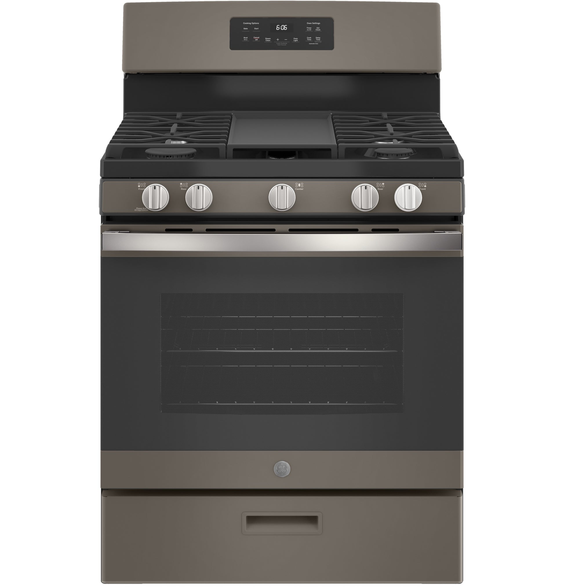 Matte dark stainless steel free-standing gas range with control knobs and digital display in Ranges and Gas Ranges collections