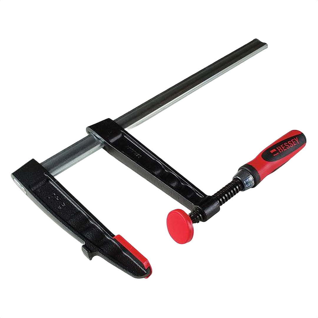 Medium duty bar clamp with red and black handle designed for secure holding in home improvement projects
