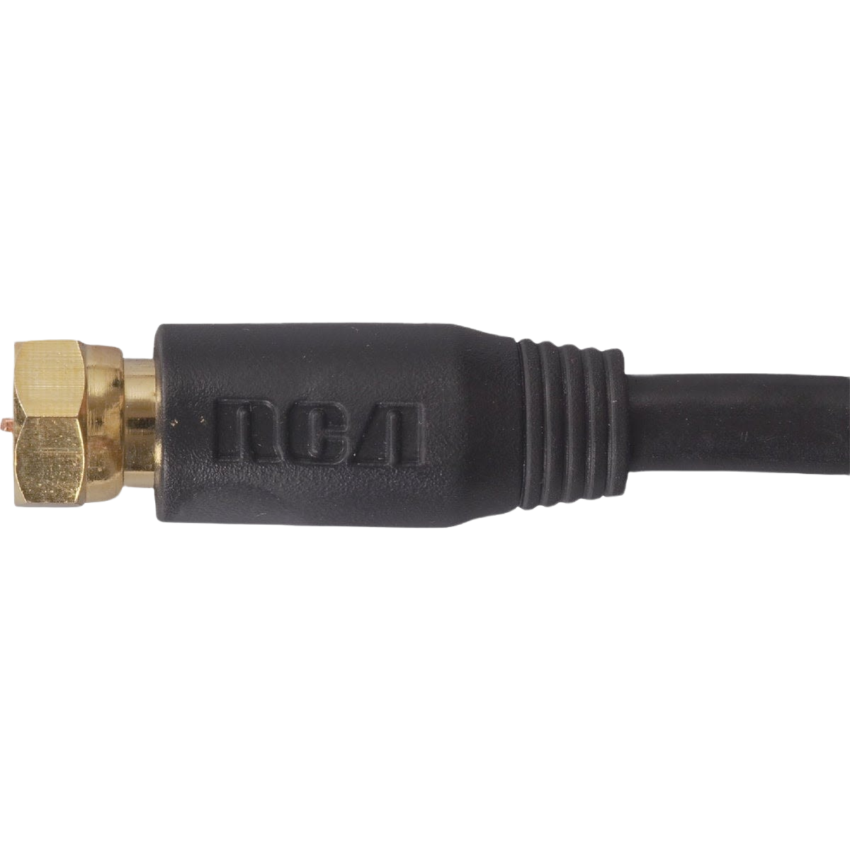 Black coaxial cable end with brass connector and molded grip featuring rca branding for home improvement use