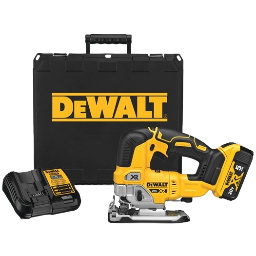 Cordless yellow and black jigsaw with rechargeable battery, charger, and black carrying case for tools and home projects