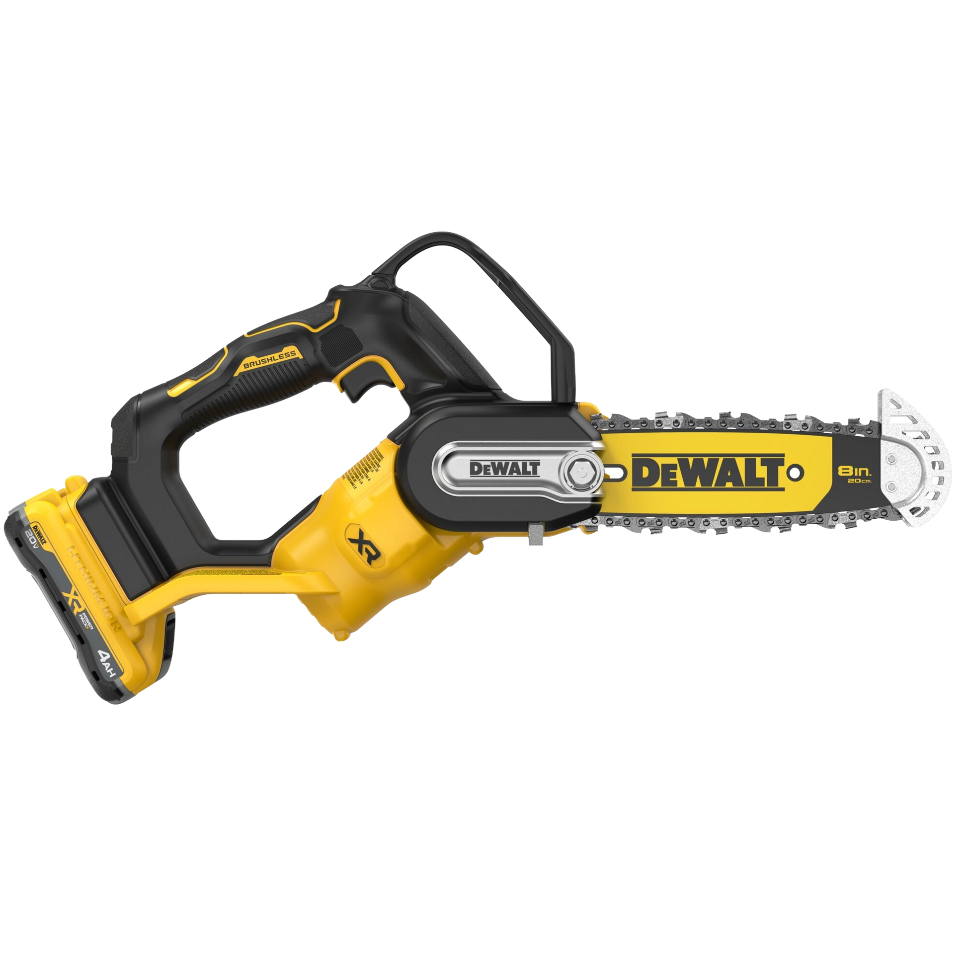 Compact cordless 8-inch brushless pruning chainsaw in yellow and black, designed for outdoor power equipment and lawn and garden tasks.