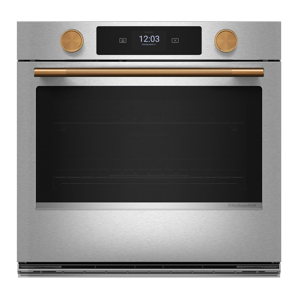 Front view of a stainless steel 30-inch smart electric single wall oven with PrintShield™ finish, digital display, and gold-tone knobs and handle, part of KitchenAid wall ovens, single wall ovens, Kitchen & Kitchenware, Appliances, and All Products collections for home improvement.