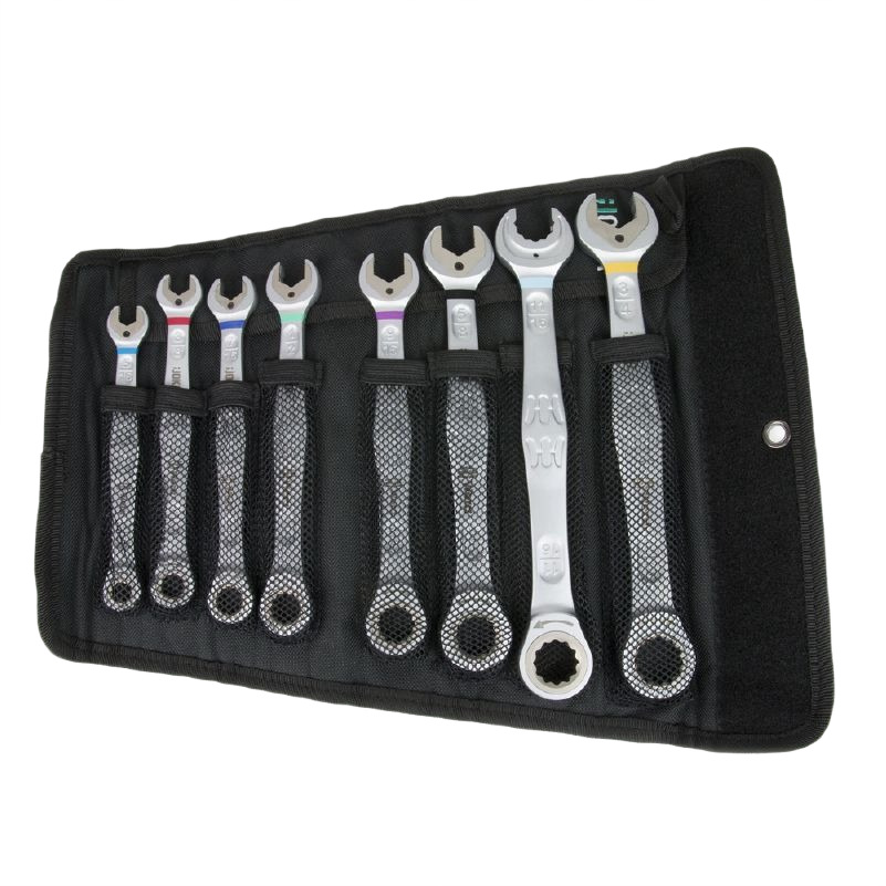 Eight-piece SAE combination wrench set with polished chrome finish and black storage pouch for tools and home improvement