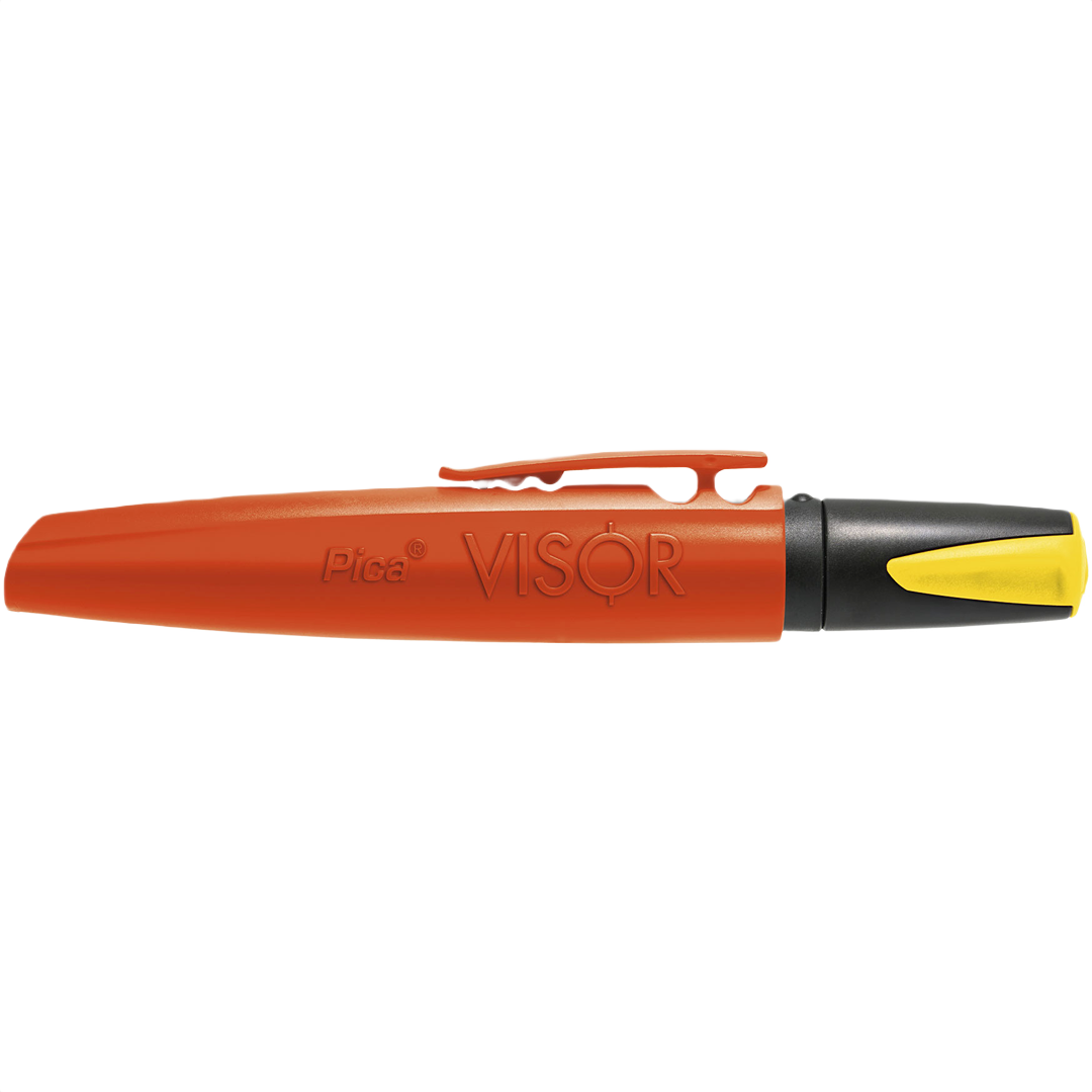 Refillable Pica Visor marker in orange case with yellow cap for durable, water-resistant marking in woodworking and home improvement tools.