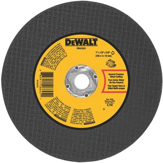 Round abrasive metal cutting wheel with yellow center label and black textured cutting surface for tools and home improvement tasks