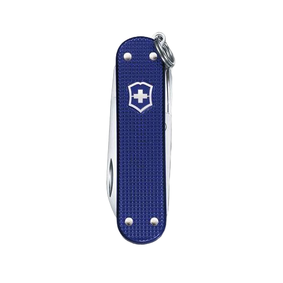 Blue textured pocket knife with aluminum scales and keyring attachment for everyday carry and home improvement tasks