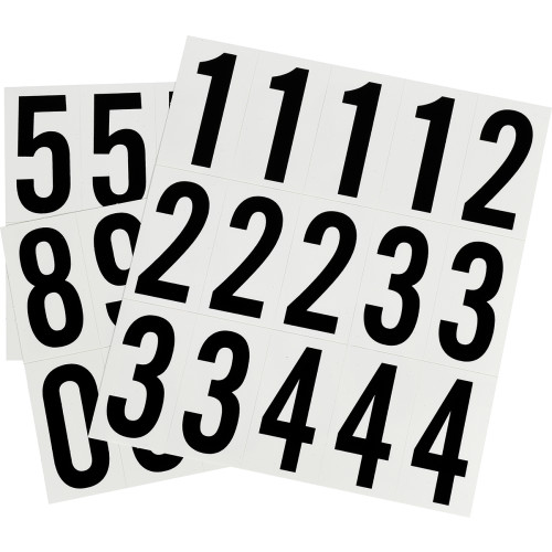 Sheets of durable black vinyl house number stickers with white background for outdoor use in home improvement projects