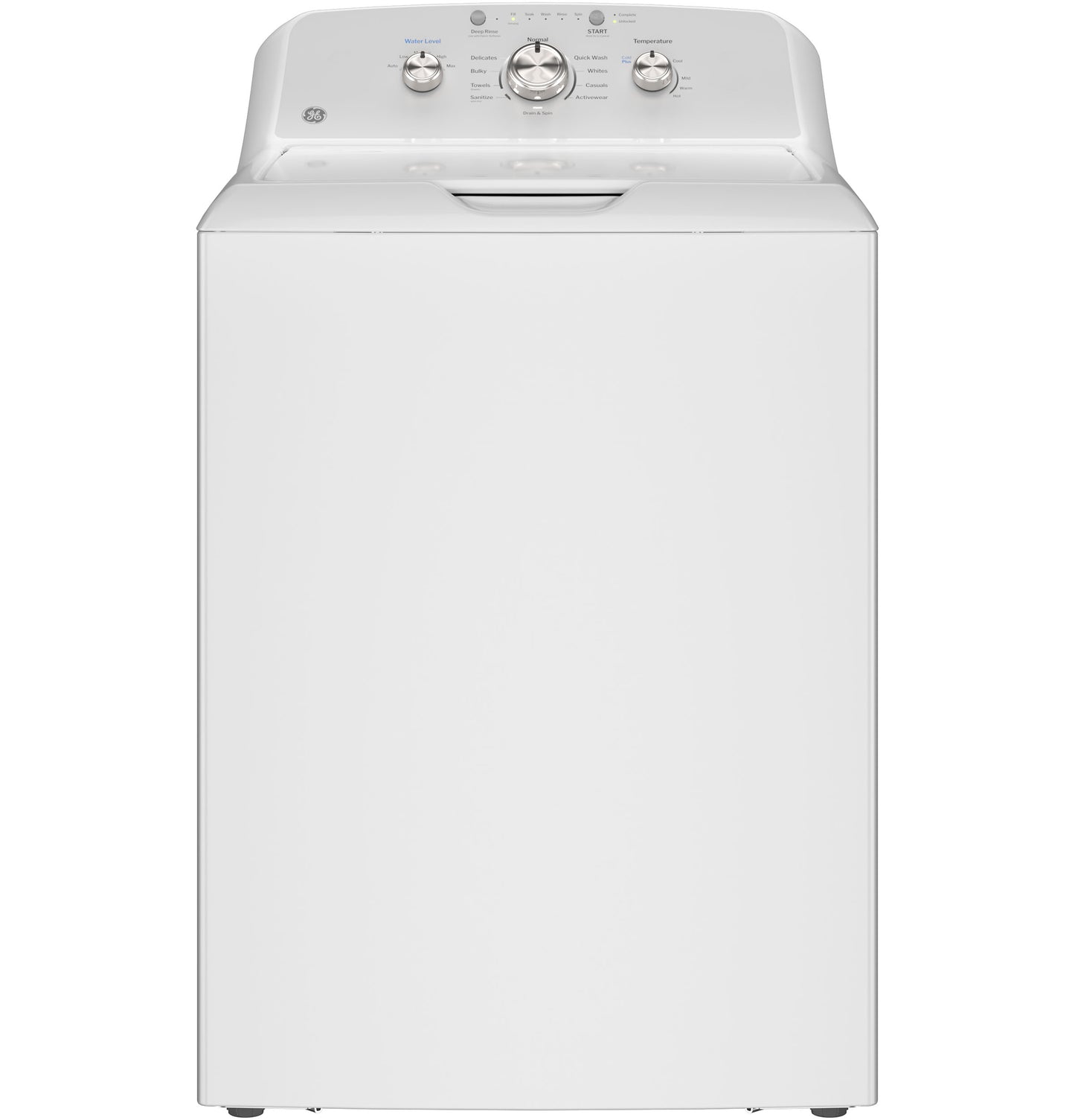 Front view of white top load washing machine with control knobs in Washers and Appliances collections