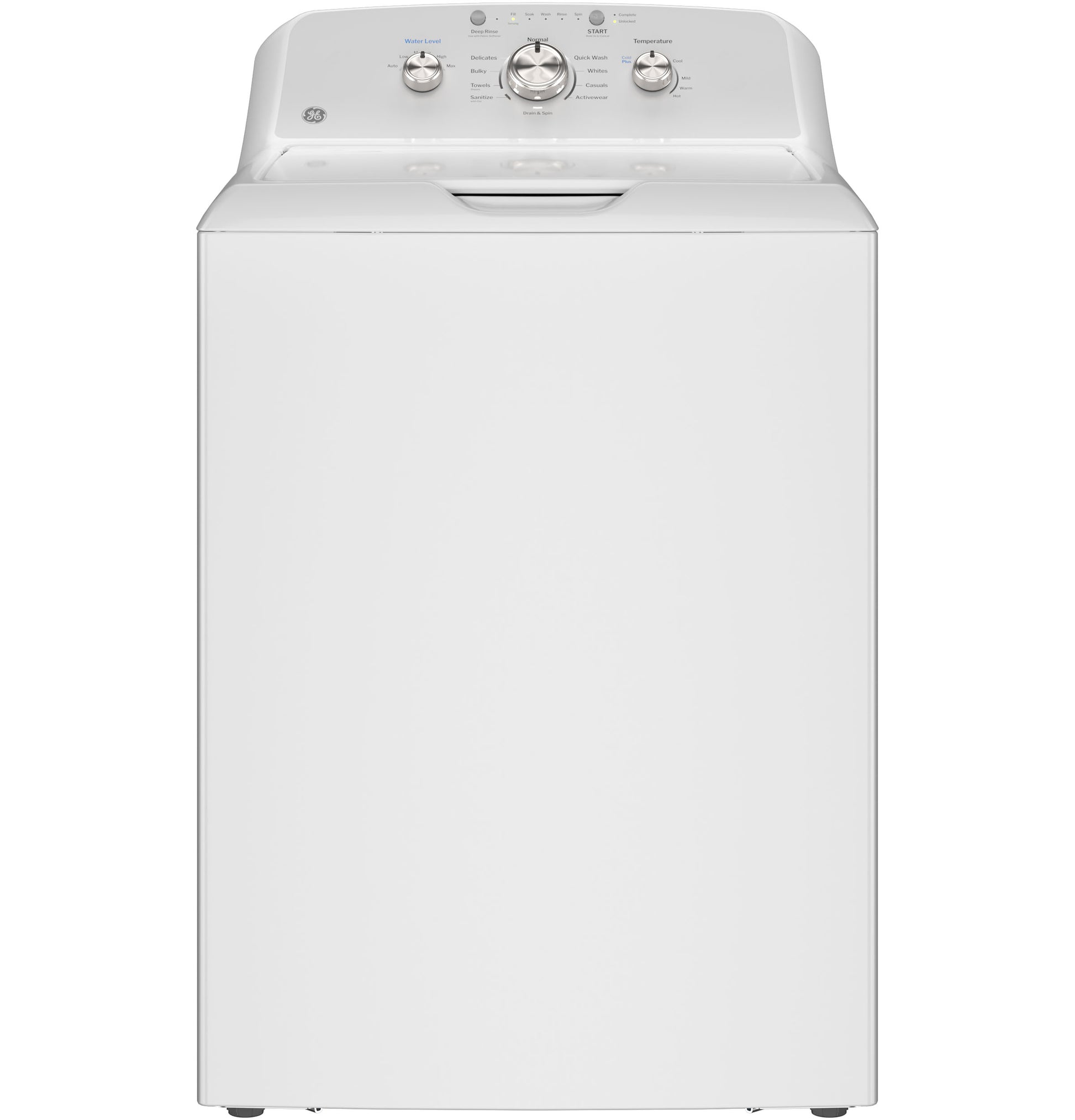 Front view of white top load washing machine with control knobs in Washers and Appliances collections