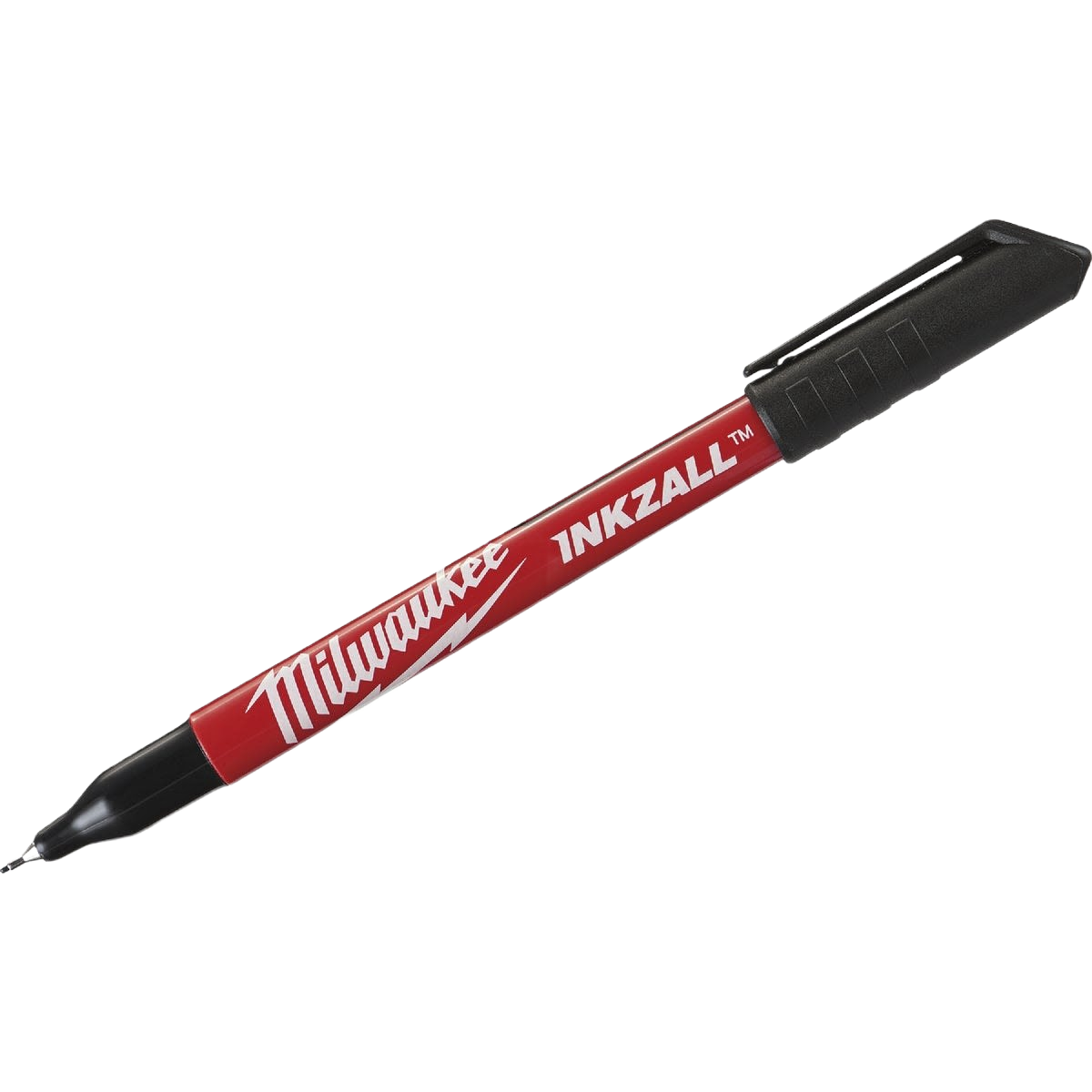 Black ultra fine point pen with red barrel and black cap for precise marking in woodworking and hand tool collections