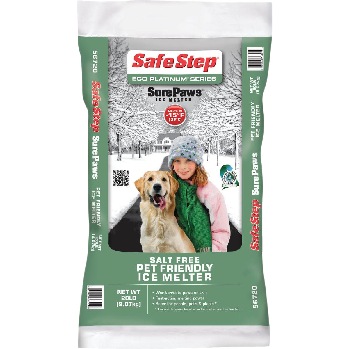 20-pound bag of nontoxic, salt-free ice melt pellets safe for pets and effective in cold weather conditions