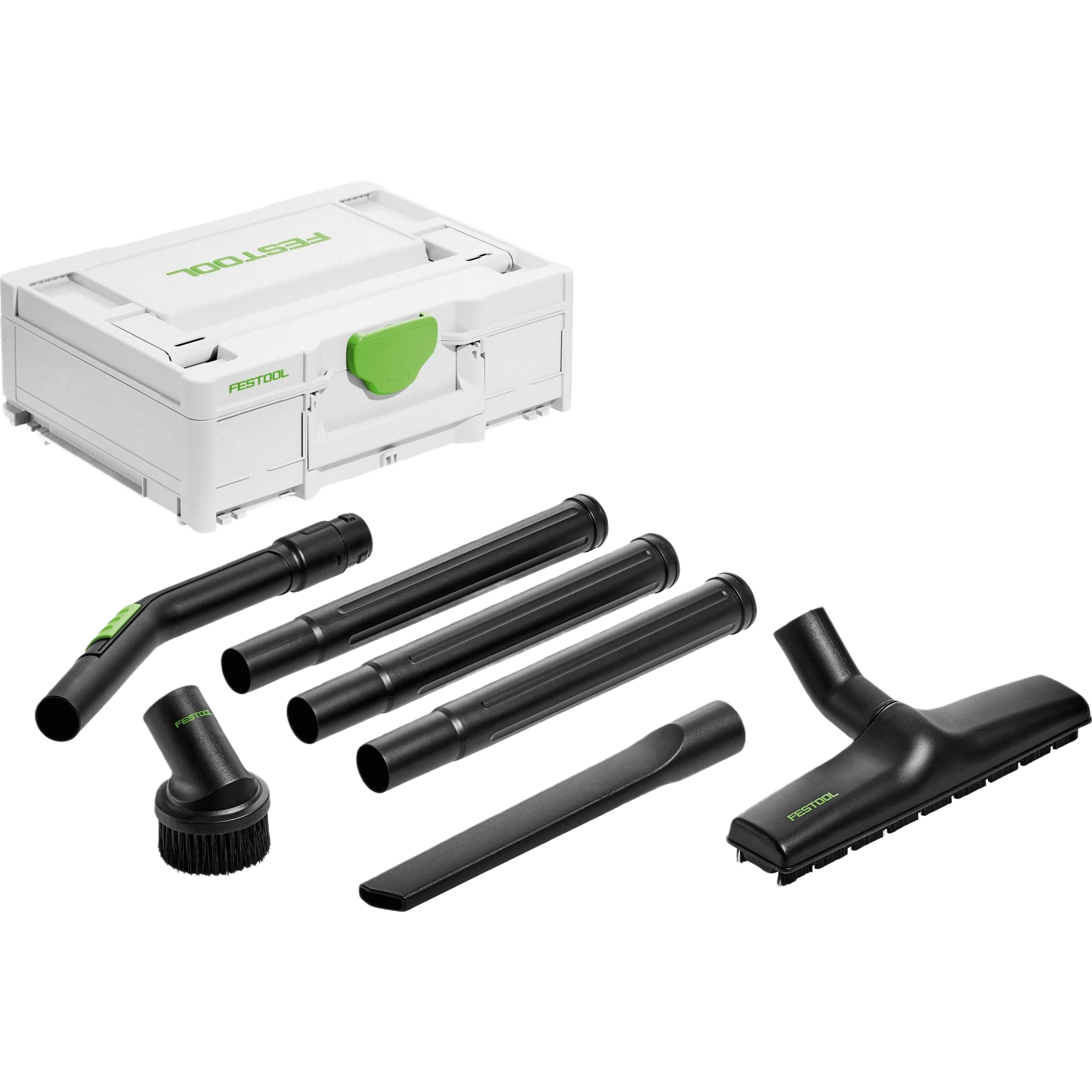 Compact Festool cleaning accessory set with multiple black nozzles and white storage case for dust management tools