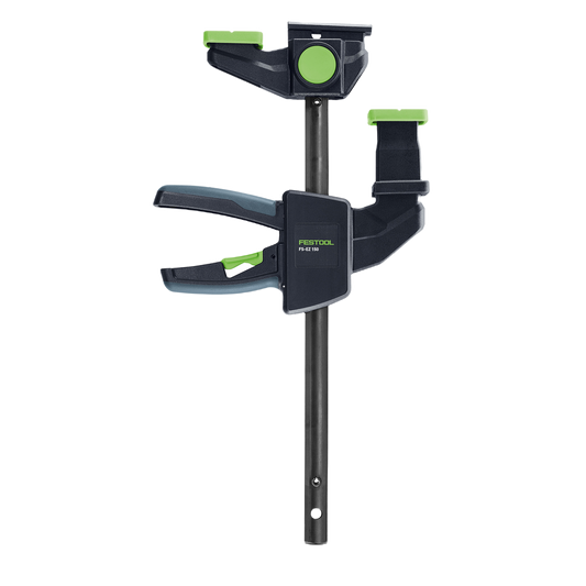 Black and green ergonomic one-handed clamp for woodworking and power tool accessories in tool and home improvement collections