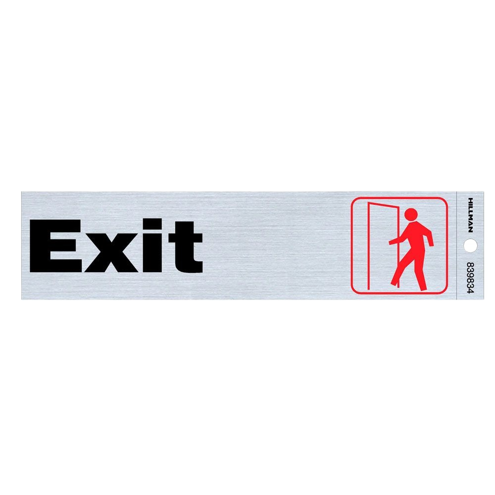 Rectangular silver self-adhesive exit sign with black text and red walking figure in a doorway for hardware collection