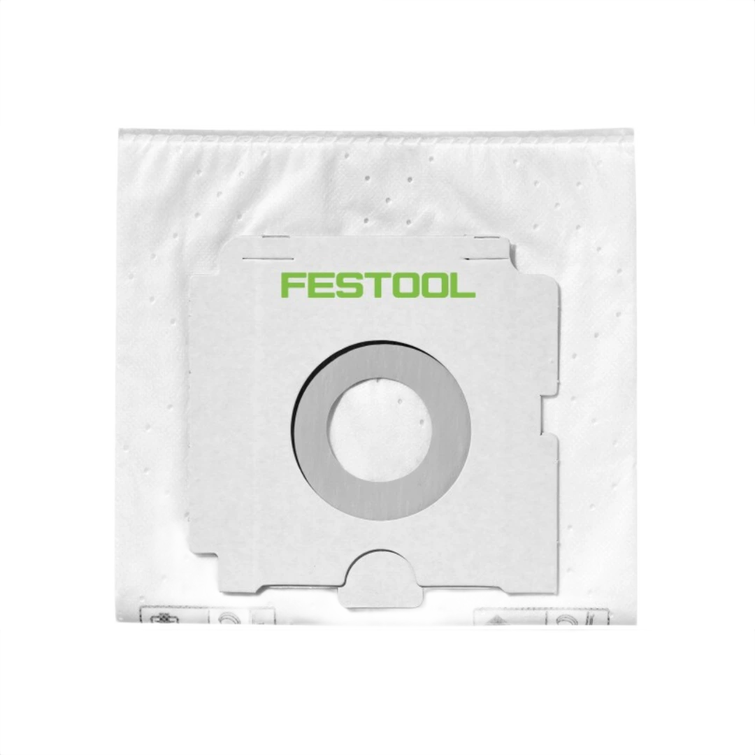 White self-cleaning filter bag with mounting ring for woodworking dust collectors and shop vacuums under $100