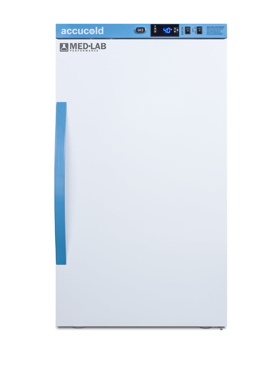 Compact laboratory refrigerator with digital control panel and blue handle in appliances and kitchenware collections