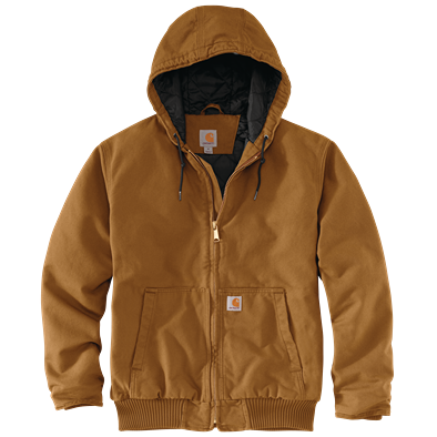 Men's brown washed duck jacket with insulated quilted nylon lining, hood, and relaxed fit in men's outerwear collections