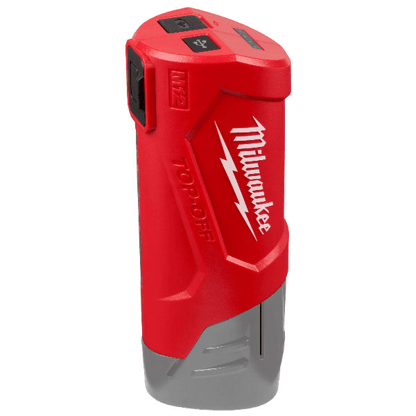 Compact red and gray Milwaukee portable power supply and charger for tool batteries and device charging