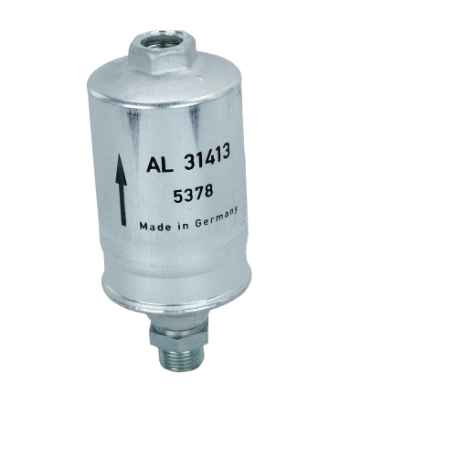 Silver cylindrical hydraulic oil filter with threaded metal fittings and printed model number for tools and home improvement use