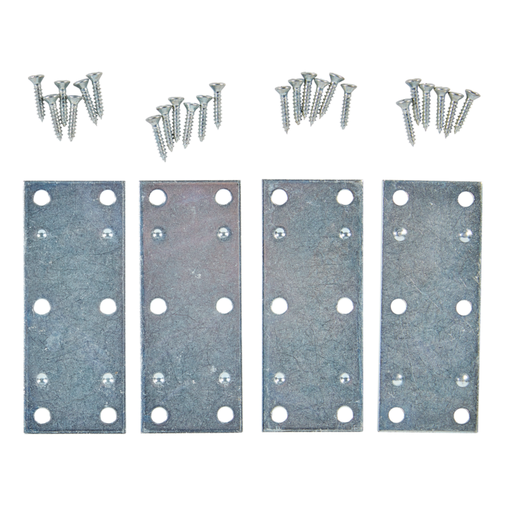 Four hot-rolled steel mending plates with screws for panel reinforcement in building hardware and home improvement collections