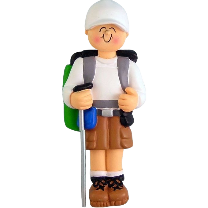 Personalized male hiker ornament with backpack and walking stick, Christmas tree decoration under $50