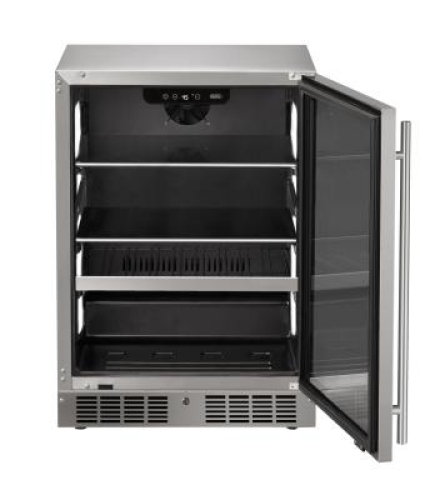 24 inch stainless steel beverage center with glass door open showing adjustable shelves for kitchen appliances collections