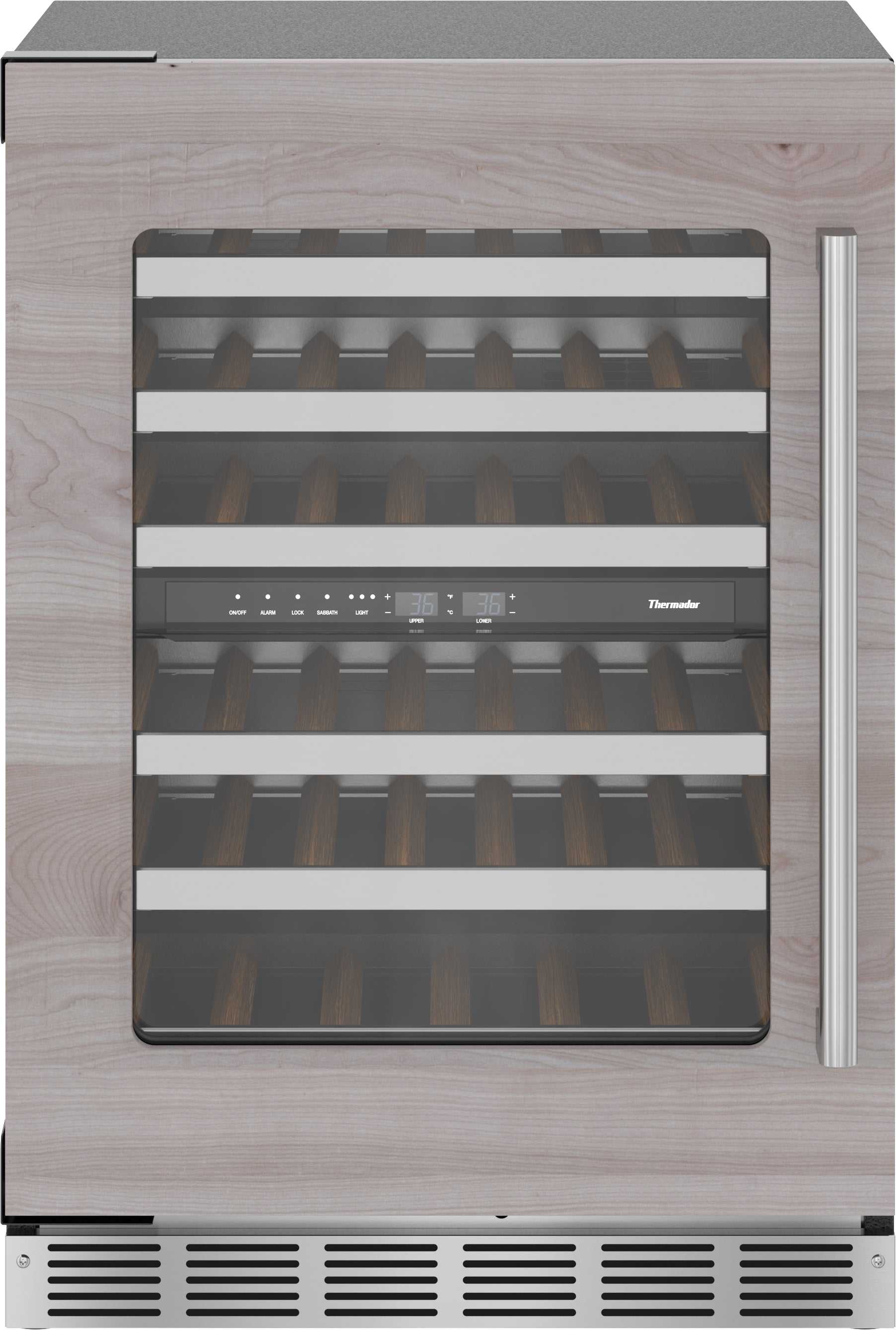 Under counter panel-ready wine cooler with glass door, wooden racks, and digital control for kitchen appliances collections
