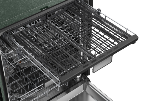 Top adjustable rack of stainless steel dishwasher showing flexible prongs and utensil holders for kitchen appliances.