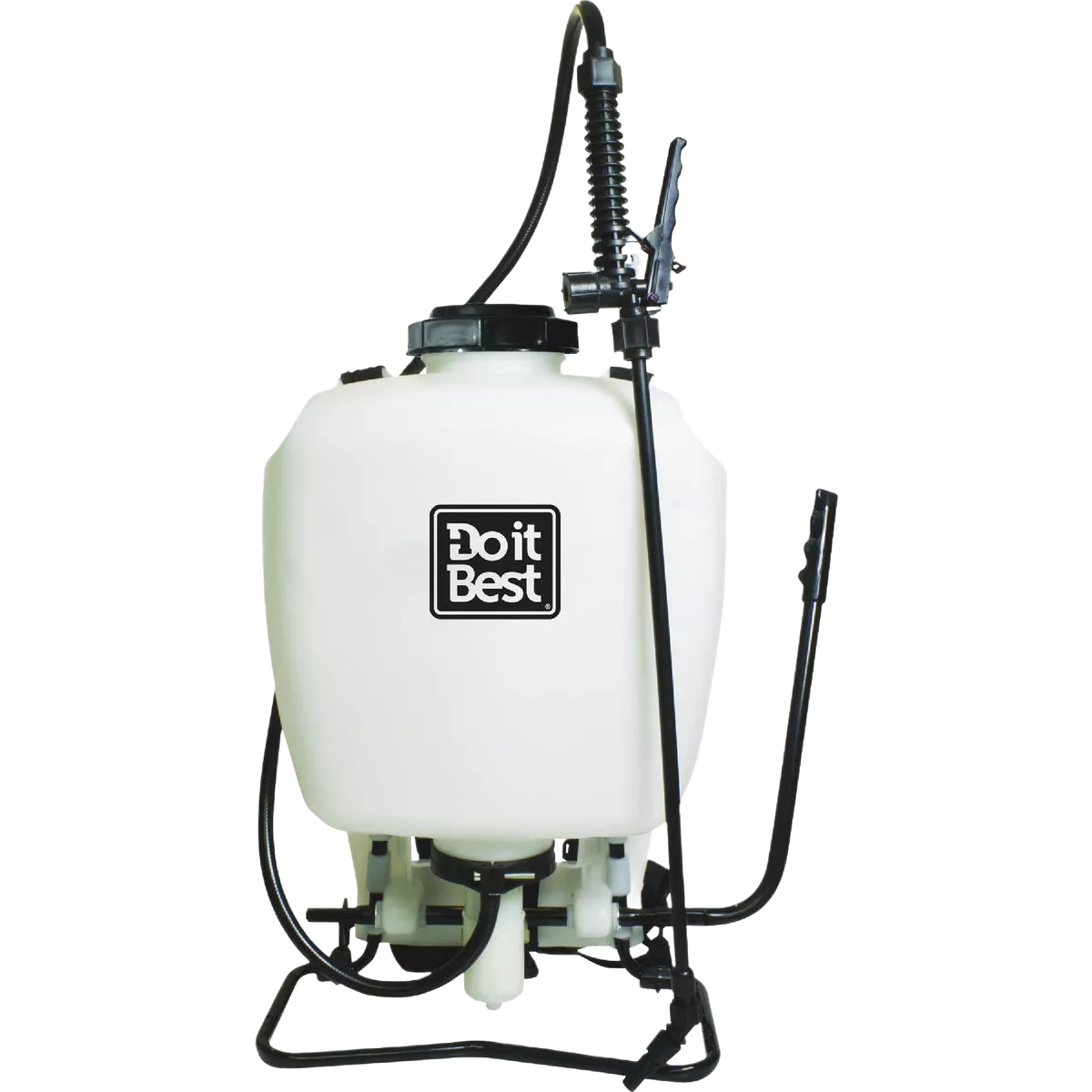 White 4-gallon backpack sprayer with black frame, hose, and spray wand for home improvement and gardening tasks