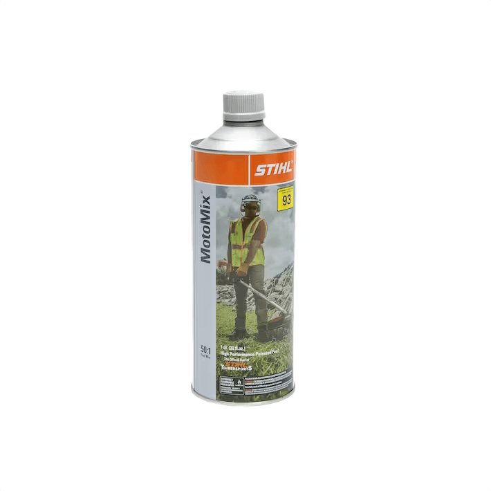 One-quart container of STIHL MotoMix® fuel blend with safety label and outdoor landscaping use illustration