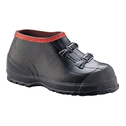 Black safety overboot with two adjustable buckles and textured sole for protection in tools and home improvement tasks