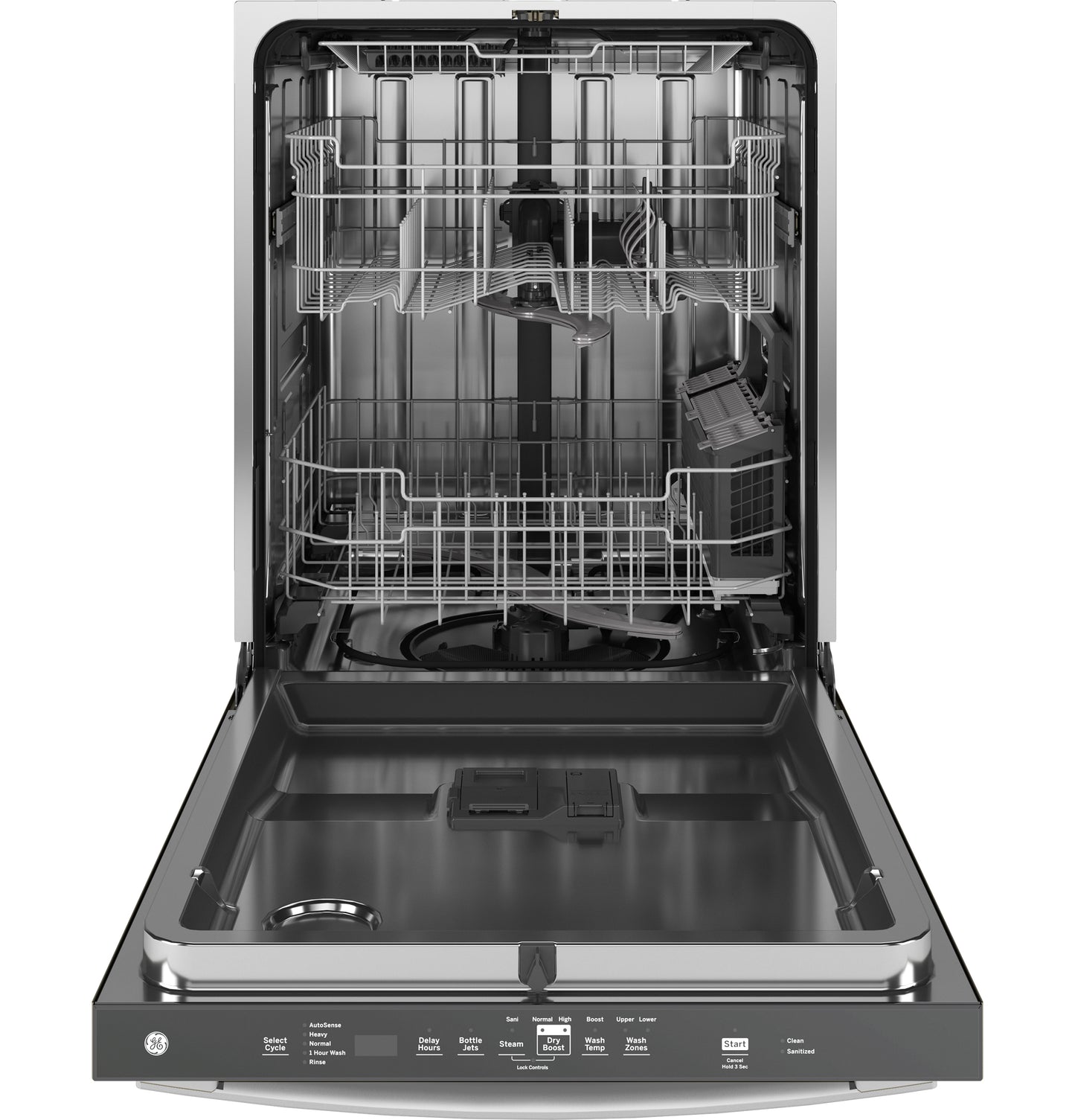 Open stainless steel interior dishwasher with top and bottom racks from built-in dishwashers collection