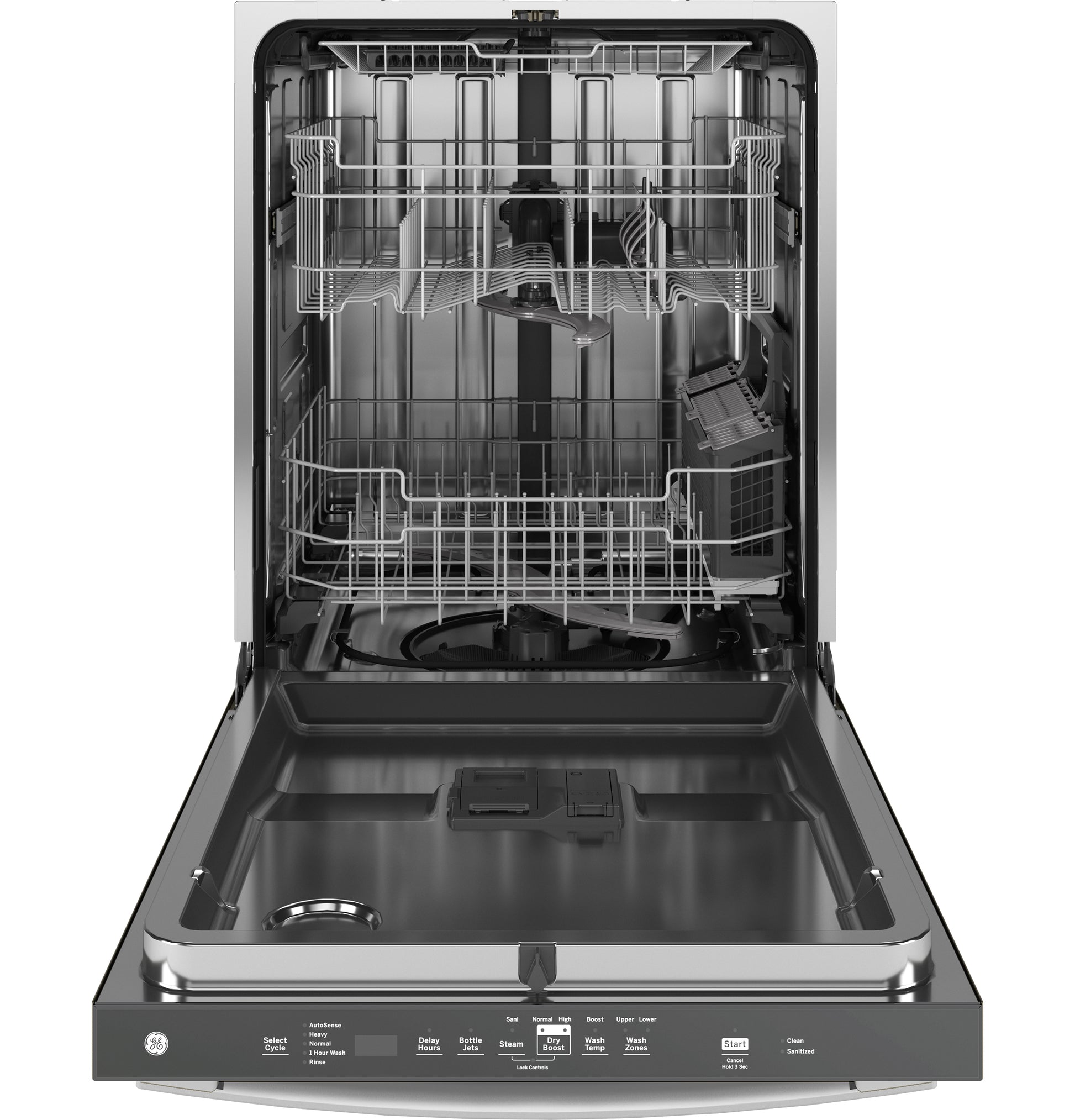 Open stainless steel interior dishwasher with top and bottom racks from built-in dishwashers collection