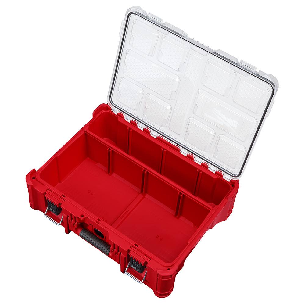 Red heavy-duty tool organizer with clear lid, adjustable compartments, and secure black latches for workshop and jobsite storage.
