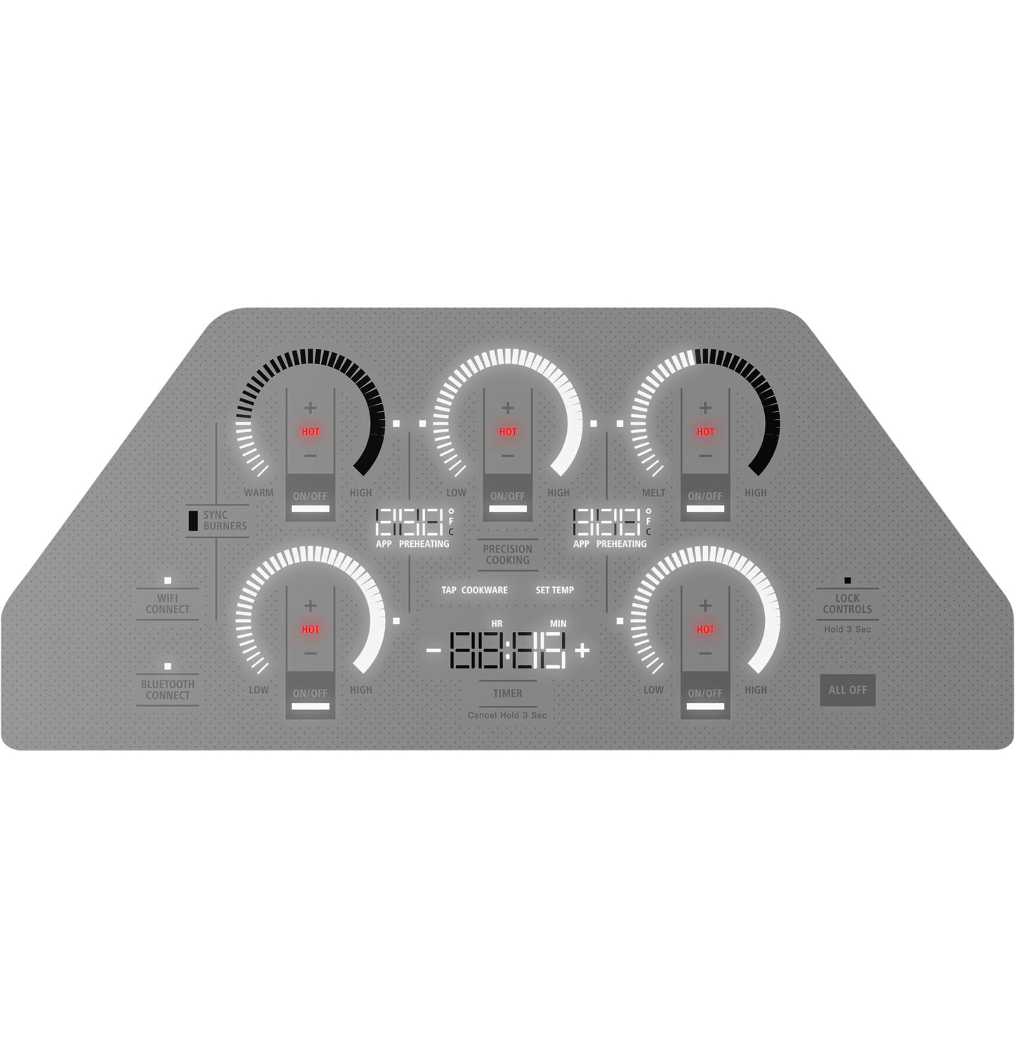 Digital control panel with five touch-sensitive knobs and LED displays for induction cooktop in kitchen appliances collection